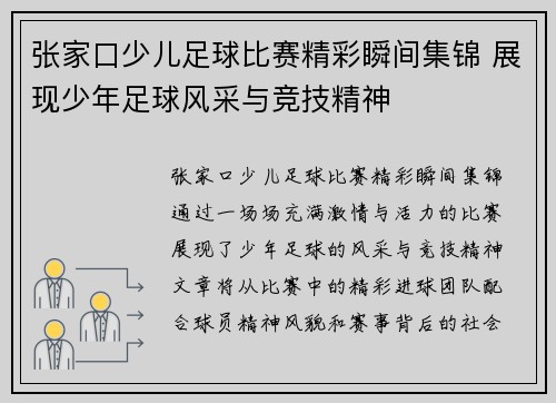 张家口少儿足球比赛精彩瞬间集锦 展现少年足球风采与竞技精神